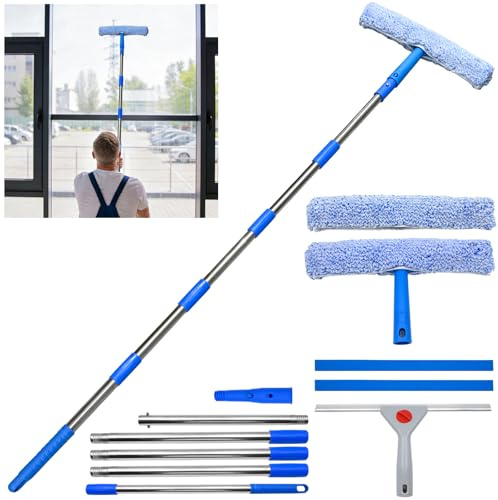 Fensterreiniger Fensterwischer-Reiniger 210cm Teleskopstiel Glasreiniger | Profi Kombi-Set 2 Silikonabzieher (35cm) & 2 Mikrofaserschrubber (37cm), Fensterreiniger für Glas, Badezimmer und Glastüren