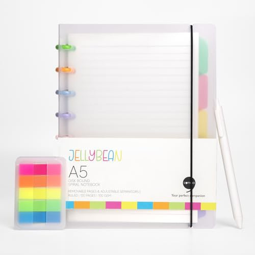 Comma Jellybean Disk-Bound Spiral Notebook with Pen & Sticky Notes | A5 Size | 100 gsm 120 Ruled Pages & 5 Colourful Dividers | Removable & Adjustable Pages and Dividers | Multi-Coloured Disk Binding