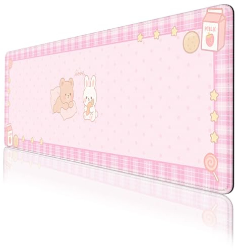 Cute Animals Gaming Mouse Pad Pink Kawaii Cartoon Rabbit Bear Extended Gaming Mouse Pad Mat with Stitched Edge Non-Slip Base Big Mousepad