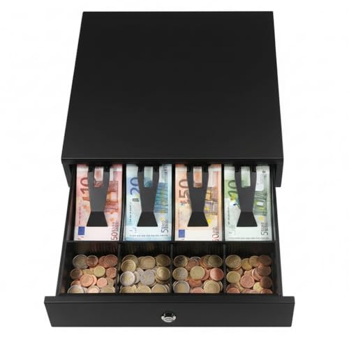 Cajón Portamonedas - 33x36-4 Compartimentos Billetes 4 Monedas - Negro | Cajón Caja Registradora, Apertura Automática RJ11 o Manual con Llaves, Organizador de Dinero, Estructura Metálica, Negro