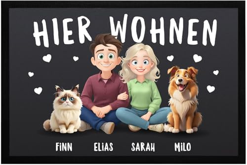 SpecialMe® Fußmatte Geschenk Paare Partner - Katze Hund Haustiere Figuren Wunschnamen personalisierbar - Geschenkidee Einzug Valentinstag Schwarz 60x40cm
