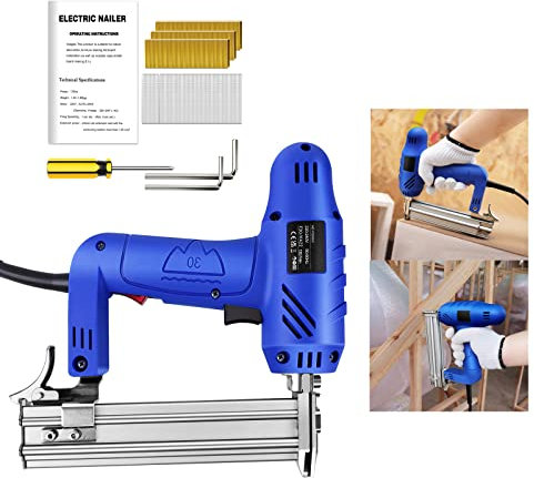 Carpentry Staple Brad Nail Gun 2 in 1 with 300 x 19mm Size Nail, 100 x 25mm Straight Nail, 25 x 21.5 x 5 cm Powerful Electric Heavy Duty Stapler Nailer Tacker for Upholstery, Wooden Handiwork