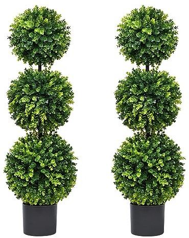 Lvydec 2 Pack Artificial Boxwood Topiary Tree, 3ft Topiary Ball Tree Potted Plants Decoration for Front Door Porch Home Living Room, Indoor/Outdoor Use