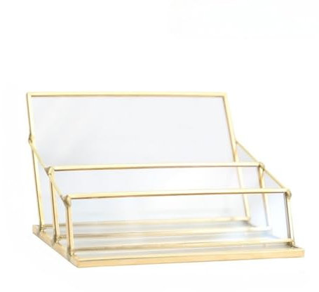 Visitenkartenhalter für den Schreibtisch, luxuriöser Visitenkartenhalter aus Messing und Glas, stilvoller personalisierter Kartenständer aus Messing und Glas, kreatives Ausstellungsgeschenk für