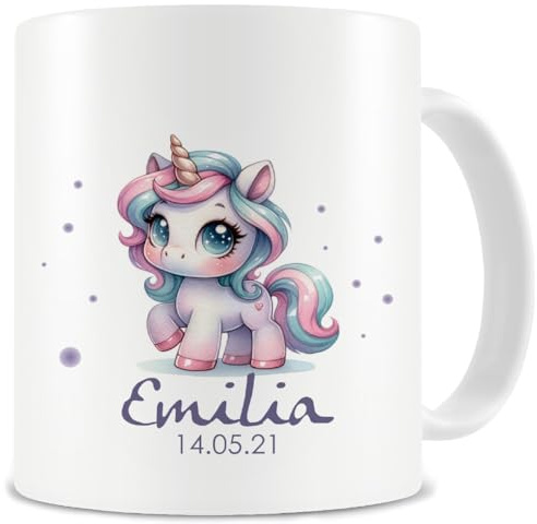 Samunshi® Kindertasse mit Namen Tasse mit Baby Einhorn Personalisierte Tasse Namen Kinder Kinderbecher personalisiert Wunschtext für Kindergarten oder Geburtstag weiß 300ml