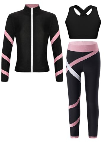 Mufeng 3 st sportset för flickor leggings fitness yoga löpning linne sportkappa gymnastikdräkt danskostym barn 5–16 år, Svart och rosa, 7-8 �r