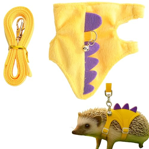 Adjustable Hedgehog Leash and Harness with Safe Bell, Dinosaur Shaped Harness Leash for Training Playing, Hamster Clothes for Ferret Guinea Pig Hamster, Hedgehog Accessories (Yellow)