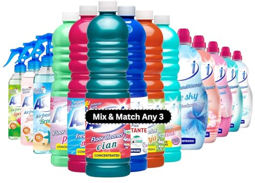 Mix & Match Any 3 Spanish Cleaning Products Bundle Concentrated Floor Cleaner 1L, Air Freshener Spray for Home & Fabrics 400ml, Fabric Softener 1380ml 60 Washes Household Essentials
