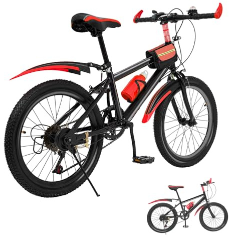 DIFU 20 Zoll Kinderfahrrad | 7-Gang Fahrrad | Kohlenstoffstah & Aluminiumlegierung | Mädchen Jungen Mountainbike mit Schutzblech | Upgraded mit Wasserkocher + Wasserkocherhalterung | Rot