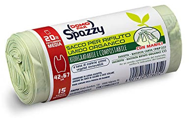 DOMOPAK SPAZZY Sacchi Nettezza Saccoverde Con Manici - 100% Biodegradabile - Casalingo 20 Lt - Trasparente - 1 Confezione Da 15 Pezzi, color Trasparente