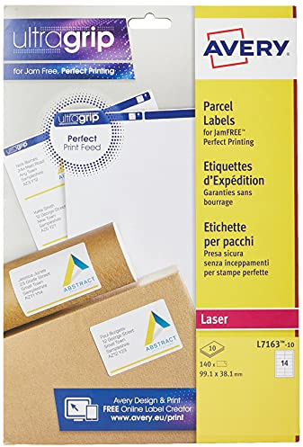 Avery Bedruckbare Adress-Versand-Etiketten für Laserdrucker, 14 Etiketten pro A4-Blatt, 140 Etiketten, UltraGrip (L7163), Weiß