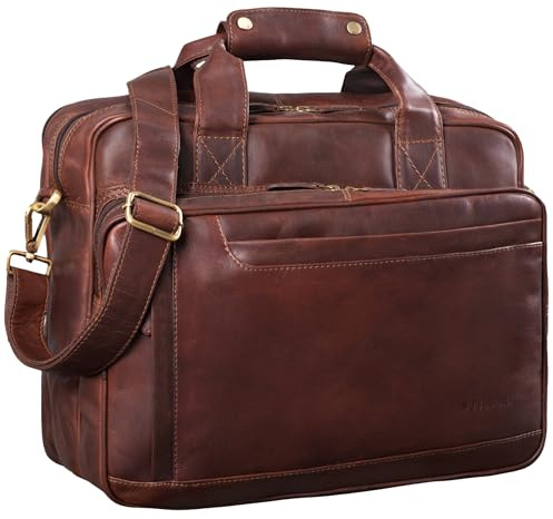 STILORD 'Excelsior' Moderne Lehrertasche Leder mit Dreifach Trenner Schultasche Leder Aktentasche Groß Büro Schulter- und Umhängetasche mit Laptop-Fach 15.6 Zoll Echtleder, Farbe:cognac - dunkelbraun