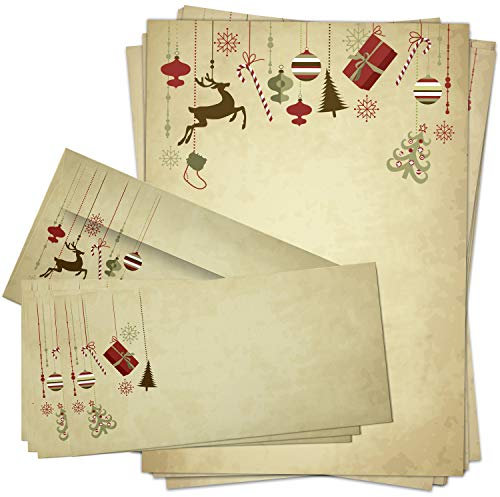 25 x Weihnachtspapier mit Umschlag Set - Motiv Vintage Braun - Papier DIN A4 Weihnachten beidseitig, Kuvert DIN LANG