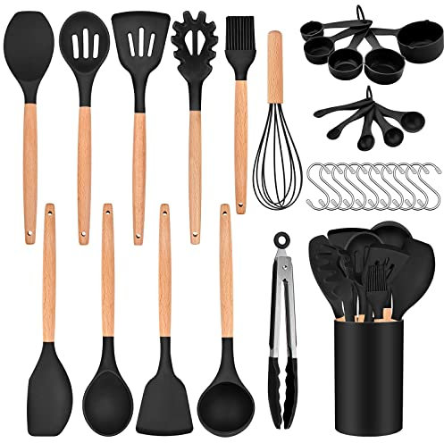 Homikit 32Pcs Kitchen Utensils Set, Silicone Cooking Utensil with Holder, Heat Resistant Kitchen Tools for Non-Stick Cookware, Kitchen Gadgets Turners Spatulas Spoons with Wooden Handle - Black