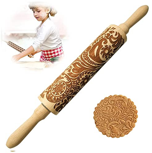 Mattarello con Decorazioni, Rolling Pin per Biscotti e Pizza Utensile Legno, Cucina in Rilievo Legno Inciso Forma Mattarello Natale, Goffratura Mattarello, Pane Pasta Stampi (E 35×5)