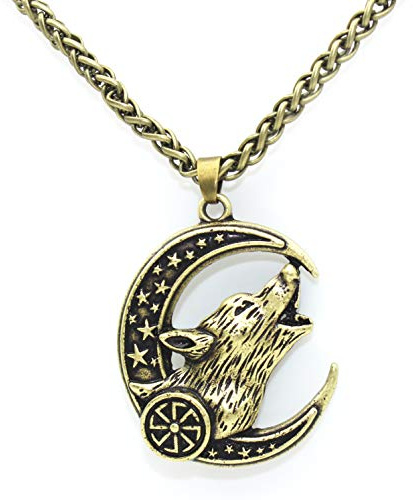 PikaLF Collana Lupo per Uomo, Collana Lupo Luna Crescente, Collana Pendente Testa di Lupo Vichingo Norreno con Catena da 23.6, Collana Amuleto Totem Lupo Celtico Urlante (ORO)