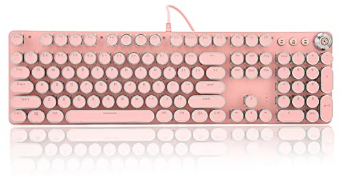 Yunseity Pinke Gaming-Tastatur, runde Tastenkappen, mechanische Tastatur, Retro-Punk-Schreibmaschinentastatur, rosa und weiße Hintergrundbeleuchtung, USB-verkabelt, für Computer (Pink Punk)