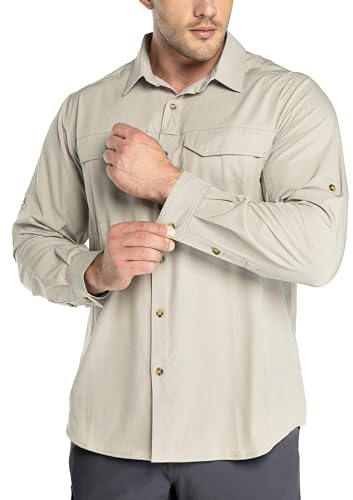 Outdoor Ventures Camisa para hombre de manga larga, transpirable, de secado rápido, camiseta funcional para hombre, primavera, verano, protección UV, camiseta deportiva, caqui, XL