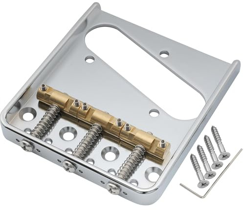 Musiclily Ultra 54mm Vintage Tele Bridge Steg mit Aluminium Platte Messing Kompensiert 3-Sattel für Tele Style E-Gitarre, Chrom | 3 Kompensiert Messing Saitenreiter, für Tele Style E-Gitarre