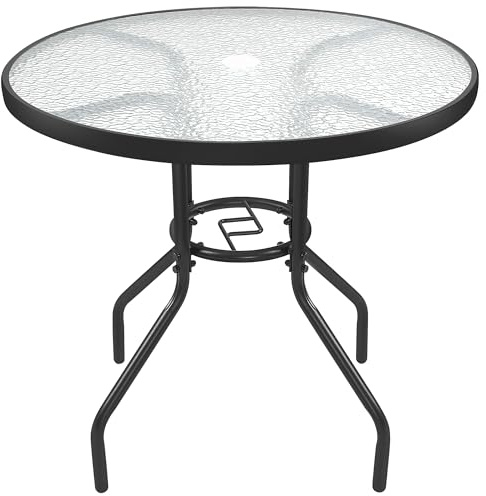 Yaheetech Round Patio Folding Dining Table, 70cm Dia. x 73cm H, Clear | Outdoor Heavy Duty Garden Table | Round Tempered Glass Top with Umbrella Hole | For Balcony Backyard Lawn and Garden