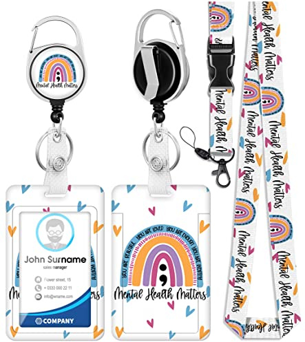 Plifal ID Badge Holder with Lanyard and Retractable Badge Reel Clip, Rainbow Mental Health Matters Card Name Tag Lanyard Vertical ID Protector Bage Clips for Nurse Nursing Psychologist Doctor Student