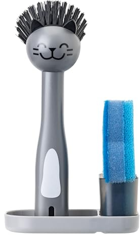 Vigar Pets Club 3-in-1 Gray Cat Dish Brush, Blue Fish Sponge and Tray for Brush and Sponge Holder for Kitchen Sink, Sponges for Dishes Cat, Dog Bowls
