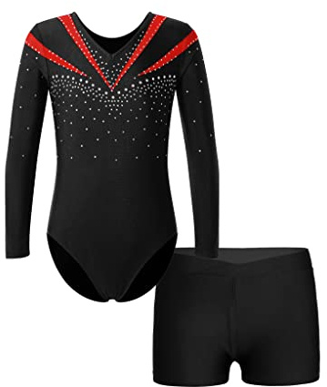 Aiihoo Mädchen Turnanzug Langarm Glänzende Tanzbody mit Strass und Shorts Tanzbody Trikotbody Tanzkleidung Tanz Gymnastik Trikots Tanzkostüm S Rot 146-152