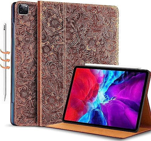 Gexmil Leder Hülle für iPad Pro 12.9 6./5./4./3. Gen,2022/2021/2020/2018 | Premium Echtleder Cover/Flip,Auto Schlaf/Aufwachen,Schutzhülle Einstellbarer Ständer,Stoßfest,Blume Braun