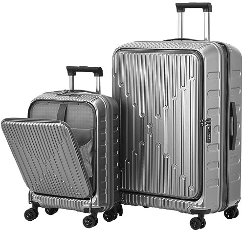 Kaleenie 2-teiliges 19/29 Gepäckset, 19 Zoll Handgepäck mit Fronttasche & 29 Zoll Seitenöffnungskoffer, leichtes ABS+PC Hartschalen-Handgepäck, Grau