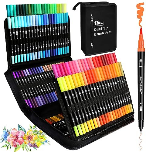 KAZATE 136 Farben Filzstifte Set Dual Brush Pen Set Dicke und Dünne Stifte Set für Erwachsene und Kinder Doppelfasermaler Pinselstifte für Handlettering Kalligraphie Malen Mandala
