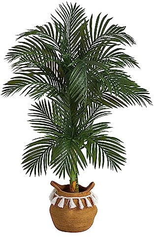 Nearly Natural 5ft. Artificial Double Stalk Golden Cane Palm Tree with Handmade Woven Cotton Basket