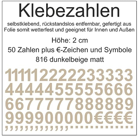 Aufkleber Sticker Klebezahlen Klebezahl Zahlen Zahl Nummern aus Folie 50 Zahlen beige dunkelbeige matt Höhe 2 cm selbstklebend wetterfest Nummerierung Preisauszeichnung Beschriftung Modellbau