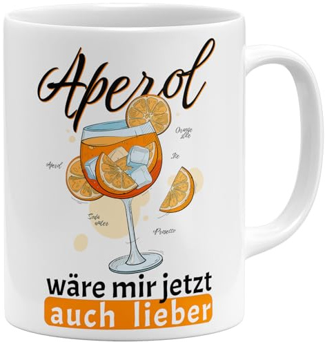 OM3® lustige Aperol Kaffee-Tasse mit Spruch - Aperol wäre mir jetzt auch lieber - Sommer Cocktail Geschenk Idee Büro - Keramik Becher (325ml) Beidseitig Bedruckt - Weiss