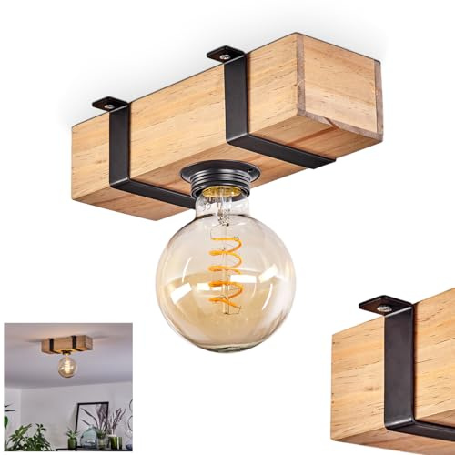 HOFSTEIN Deckenleuchte Montgomery, 1-flammige Deckenlampe aus Holz/Metall in Natur/Schwarz, Leuchte im Industrial/Retro/Vintage-Design mit Holzbalken, E27, Esszimmer, Küche, Wohnzimmer, Schlafzimmer