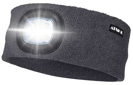 ATNKE LED Beleuchtetes Stirnband, Wiederaufladbare USB Lauf Stirnbänder mit Licht Extrem Heller 4 LED Lampe Winter Warme Stirnlampe für Herren und Damen Geschenke/Noble Gray