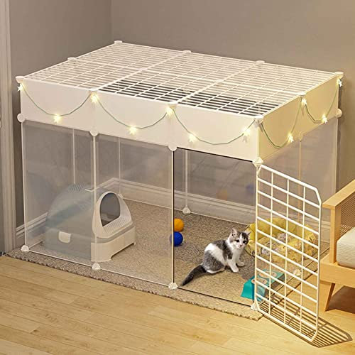 Katzenlaufstall mit Dach und Tür aus Kunststoff, Faltbarer Laufstall für Welpen und Hunde, Kleiner Tierspielzaun, Haustier-Hundekäfig, 360° transparentes Oberlicht-Design, draußen/innen, weiß (Gr