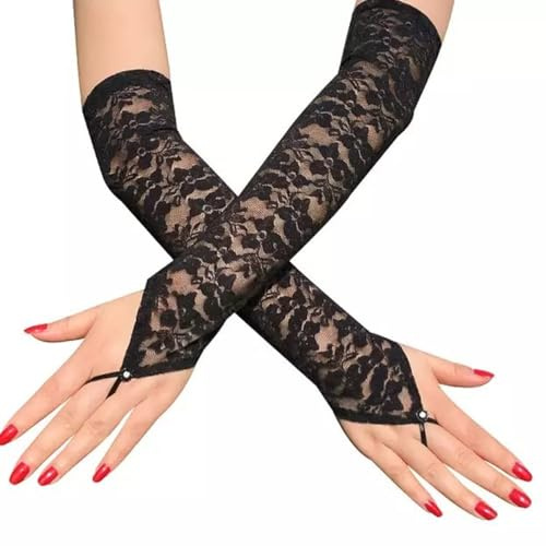 Visxcnu Guantes de Encaje Sin Dedos Para Mujer, Guantes sin Dedos de Encaje para Mujer Guantes de Novia Negro Elegantes 1920 Guantes de Fiesta de té Vintage Mujeres(Negro)
