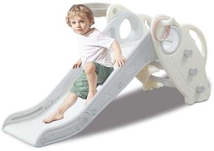 Hoopyosms 3-en-1 Toboggan Enfant Pliable en Plastique avec Panier de Basket, pour Jardin Extérieur et Intérieur, 1-3 Ans, Gris