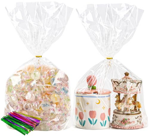 NPLUX 100-pack cellofanpåsar, klar platt botten cellofan behandlingspåsar med 100-pack vridband för godis popcorn kaka liten presentförpackning (17,8 x 3,15 tum