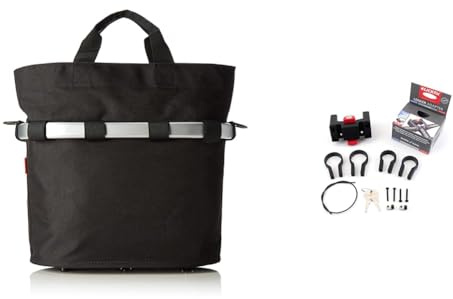 KlickFix Unisex-Adult Farradtaske Bikebasket Oval Sort Fahrradkorb, Schwarz, 34 x 31 17.5 cm EU & Zubehör Lenkeradapter mit Schloss, Schwarz, 26.0 & 32.0mm
