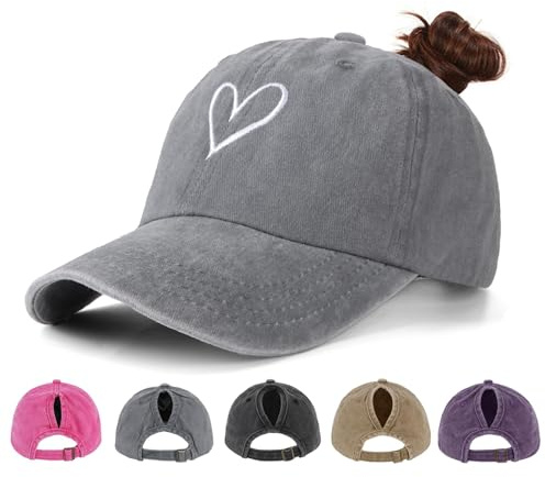 HeyCaps hästsvans baseballkeps dam justerbar basebollkeps vintage mössor solskydd basebollkeps med fläta hål för sommar sport, Stort hjärta – grå, one size