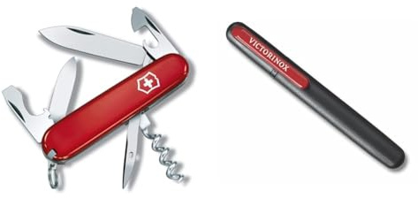 Victorinox, Spartan, Navaja Multiuso Suiza, Cuchillo bolsillo, Regalo, 12 Funciones, Hoja grande, Sacacorchos, Rojo & Dual One Size Afilador de cuchillos fabricado en madera y color negro/rojo