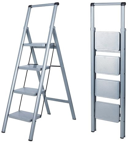 UZIRO Escalera Plegable 4 Peldaños, Liviana y Compacta, Diseño Decorativo, Peldaños Anchos Antideslizantes, Ideal para Uso en Hogar, Cocina y Oficina, Fácil de Guardar y Transportar, Alta Durabilidad