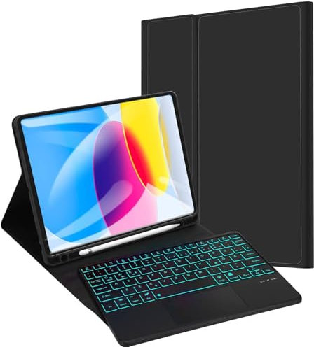 JADEMALL Für iPad Hülle mit Tastatur für A16/10. Gen (2025/2022) – 7-Farben Beleuchtet + Touchpad, Magnetisch Abnehmbare Keyboard Kompatibel mit iPad 11 Zoll & 10.9 Zoll, QWERTZ - Schwarz
