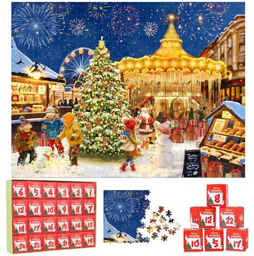 Weihnachtspuzzle Adventskalender 2024, Dreamtop 24 Boxen 1008 Teile Weihnachten Adventskalender Puzzle für Erwachsene Weihnachten Countdown Kalender Geschenk Dekorationen für Frauen Männer