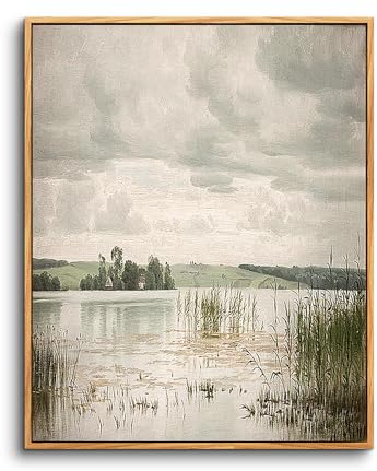 hyidecorart Cuadros Decoracion Dormitorios con Marco Madera, 50x75 cm Vintage Lienzos Decorativos Pared Salon, Cuadros Pequeños Decoracion Pared Paisaje del Lago Danés, Wall Art Comedor Pasillo Baño