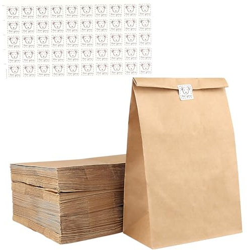 FUNSUEI 150 Stück 32 x 18 x 11 cm Papiertüten Groß, 65gsm Braun Papiertüten mit Aufkleber, Kraftpapiertüten für DIY, Mitnehmen, Geburtstag, Einzelhandel