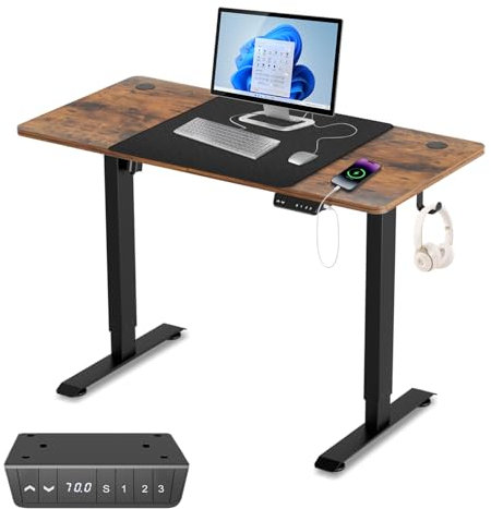 Jiubiaz Schreibtisch Höhenverstellbar Elektrisch, Ergonomischer Steh-Sitz Tisch, Mobiler Schreibtisch mit Memory-Funktion, USB-A-Ladeanschluss und Anti-Kollisionstechnik, 120 x 60 cm, Braun.