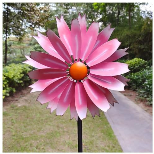 Ruiseawing Windmühle für den Garten, 150 cm hoch, 33 cm Durchmesser, Windrad aus Metall, 360 ° drehbar, mit Zwei Rotoren für Garten und Terrasse, Dekoration, Rosa