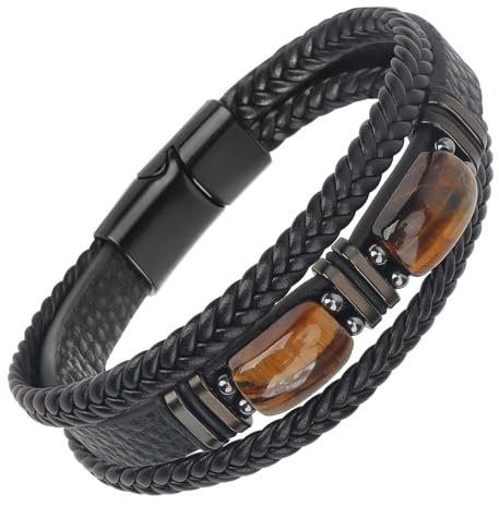 OWill Armband Herren,Schwarzes Natürlicher Tigerauge Lederarmband,Handgefertigt Mehrlagiges geflochtenes Armband mit Magnet Verschluss,männer geschenke,Vatertagsgeschenke
